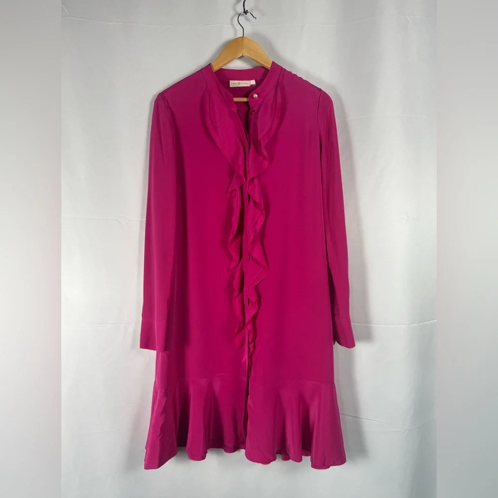 Tory Burch Hibiscus Flower Jane 100% Silk Dress Pink Ruffles Holiday Wedding 8 - Picture 2 of 12